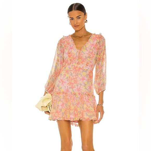 Revolve Likely Mia Ruffle Mini Dress Revolve Sheer Floral Chiffon Pink NWT - Picture 1 of 13